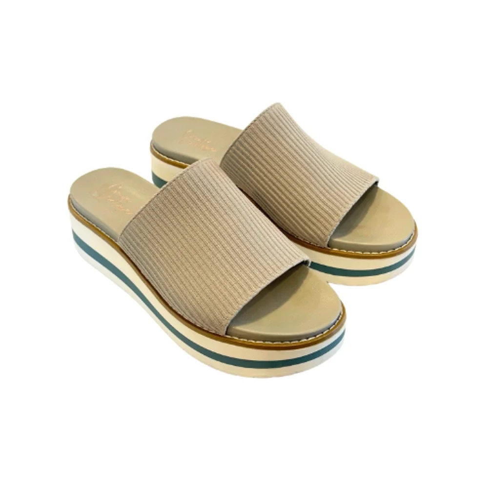 Crown Vintage Beige Ribbed Slide Sandal with Striped Platform